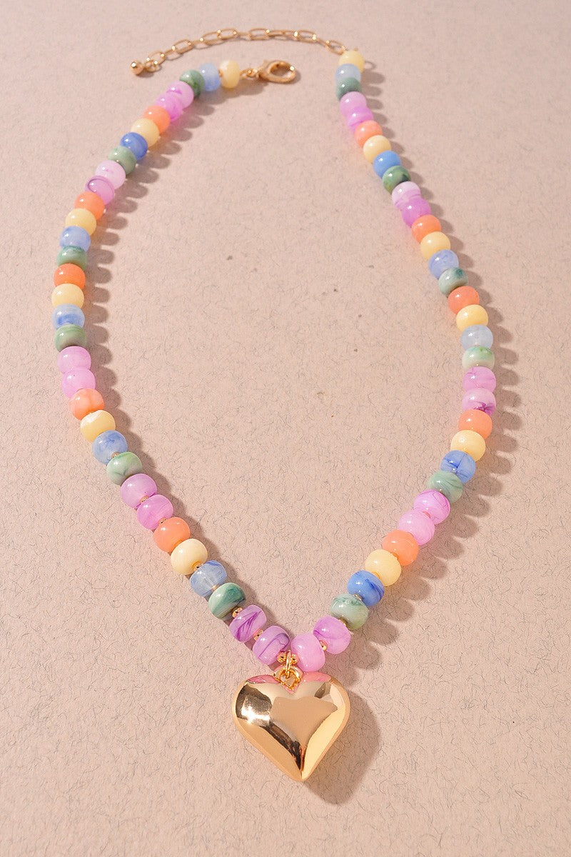 Heart Shaped Metal Charm W/ Resin Beaded Necklace
