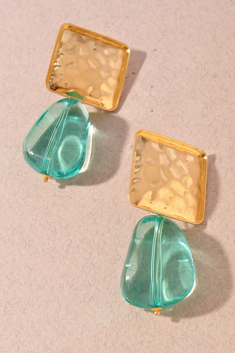 Turquoise Stone Metal Square Link Dangle Earrings