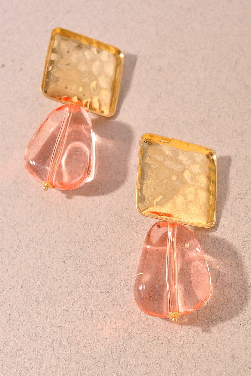 Pink Stone Metal Square Link Dangle Earrings