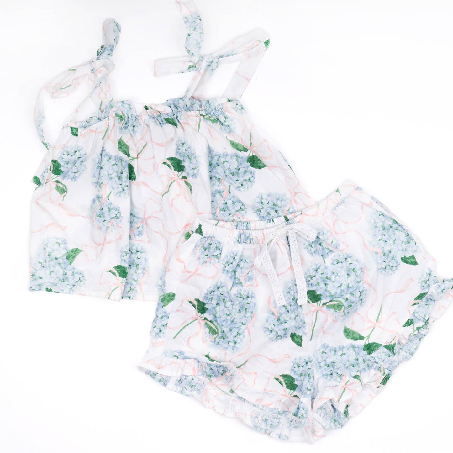 Hydrangea Ribbons Tie Top Ruffle Sleep Set: XS/S