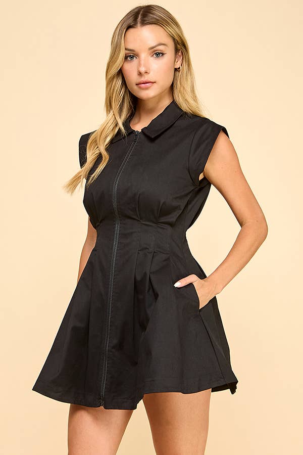Shirt neck pleated mini dress: MOCHA / S