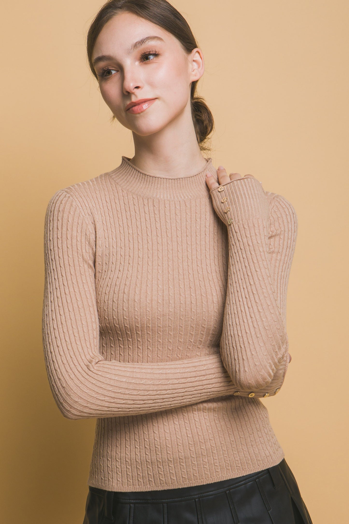 Fitted Ribbed Knit Sweater with Sleeve Buttons