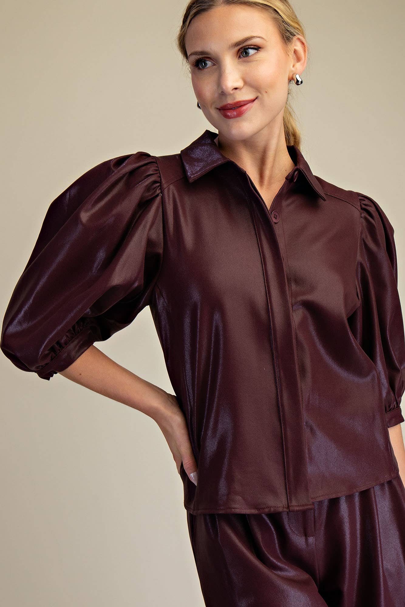 Collar Neck Puff Sleeve Button Down Shirt: Brown / S