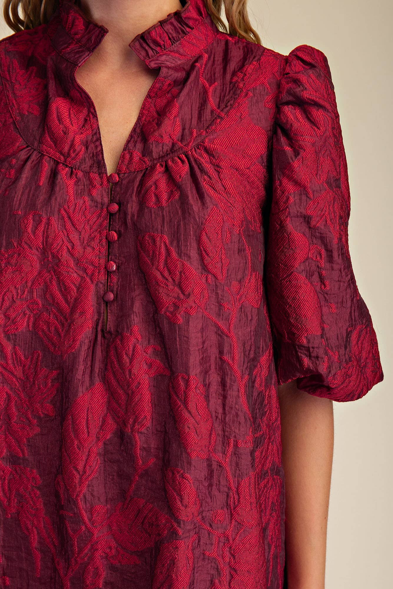 Ruffled Neck with Volume Sleeve Dress: Green / S