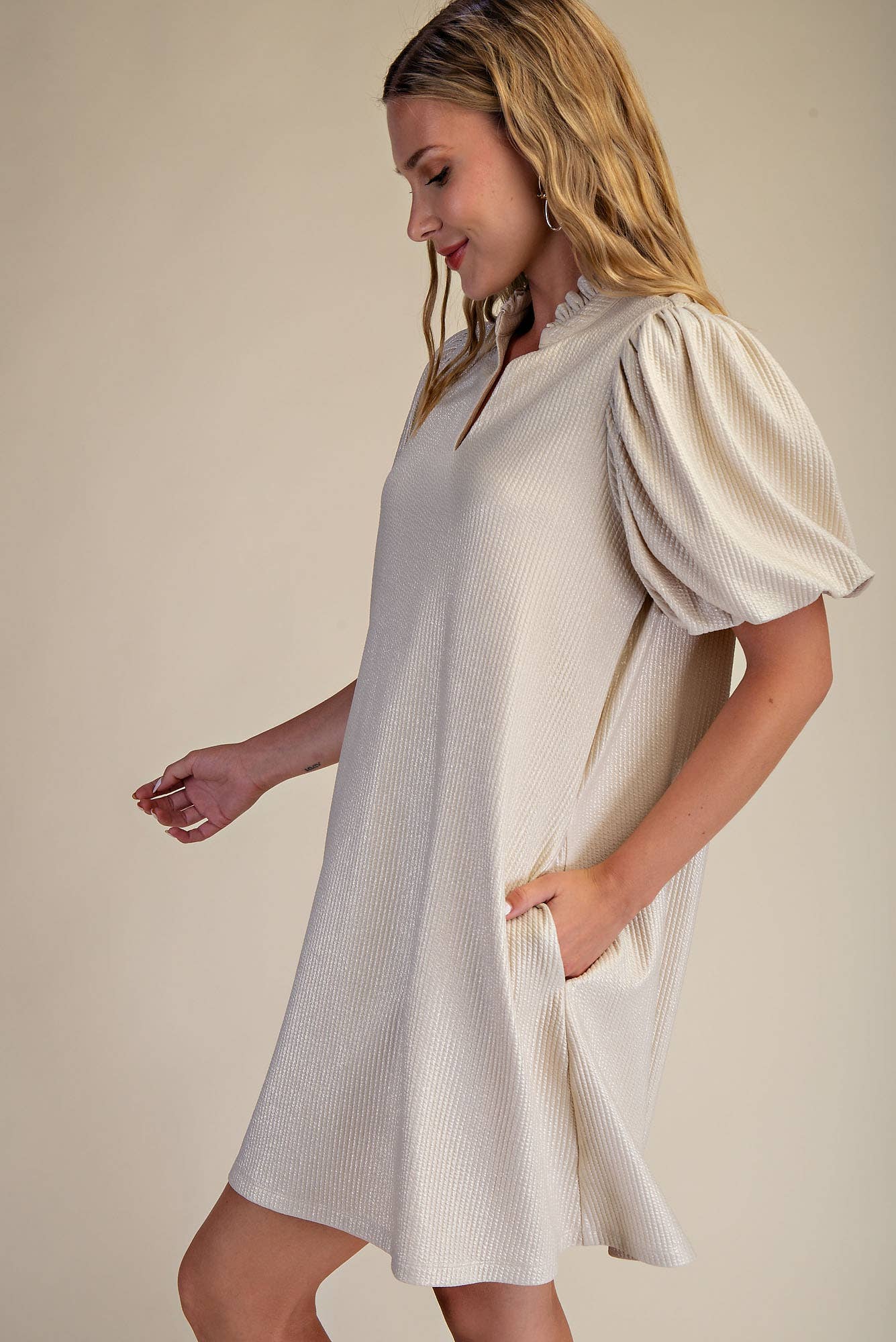 Ruffle V-Neck Puff Sleeve Mini Dress: Burgundy / S