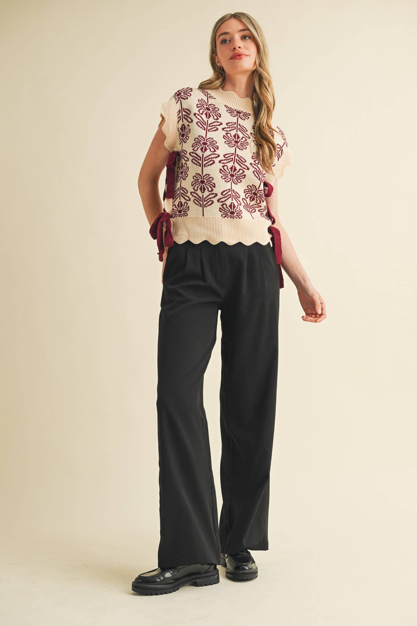 MOCK NECK FLORAL SWEATER VEST MSW10743: CARAMELIZED / S