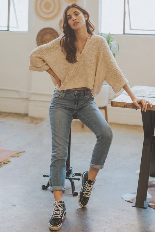 Fall Lightweight Cropped Sweater: Oatmeal / S