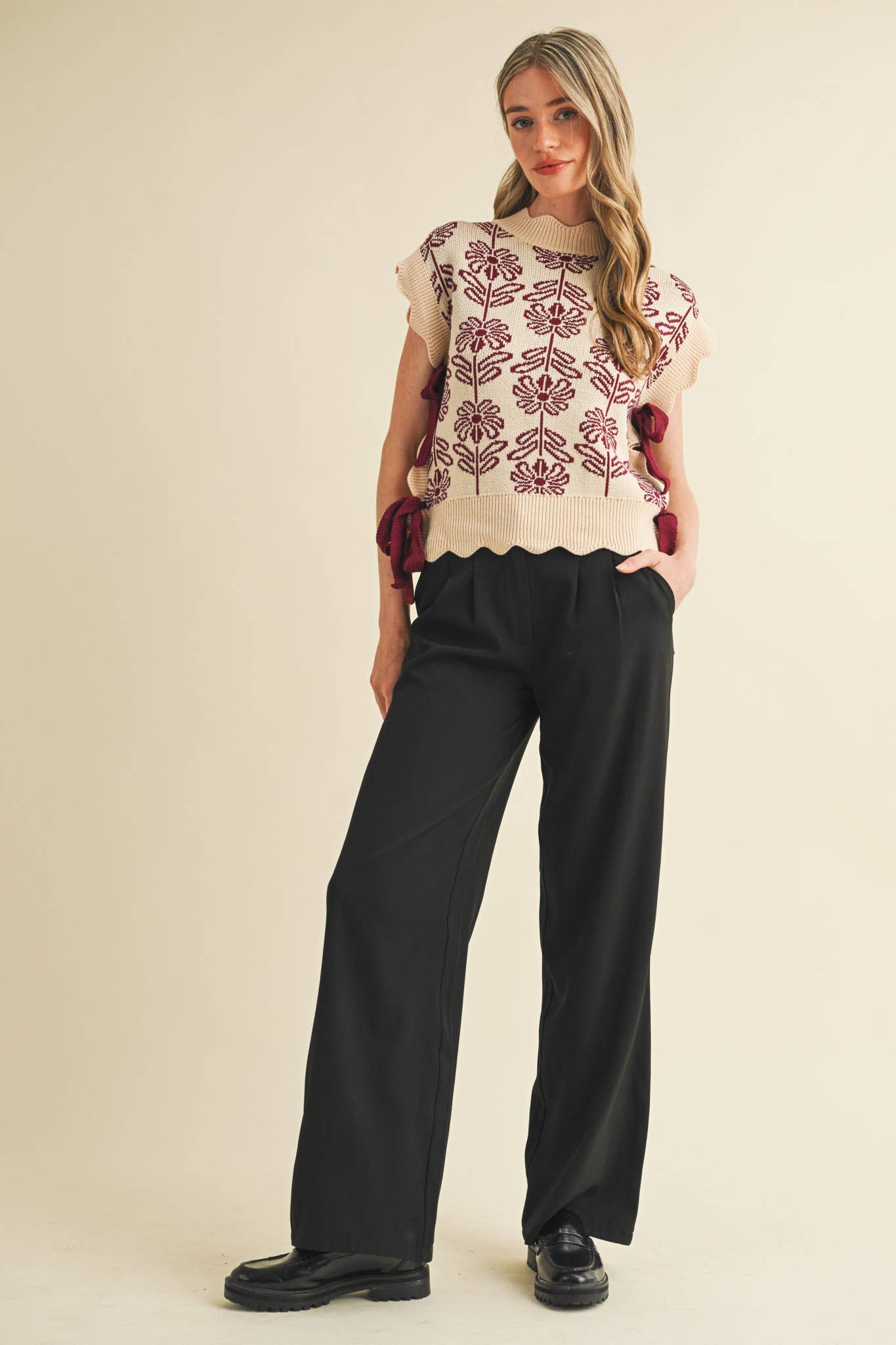 MOCK NECK FLORAL SWEATER VEST MSW10743: CARAMELIZED / S