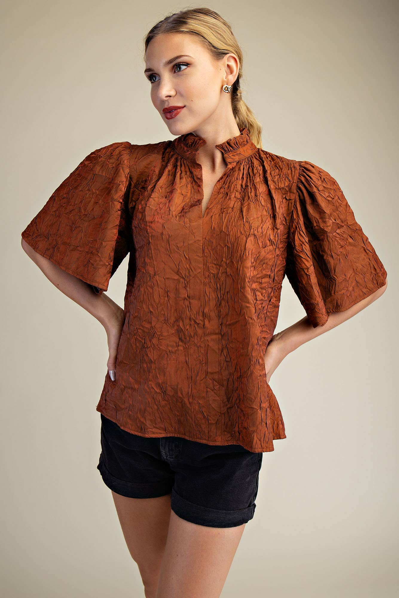 V-Neckline Short Flutter Sleeves Top: Brown / S