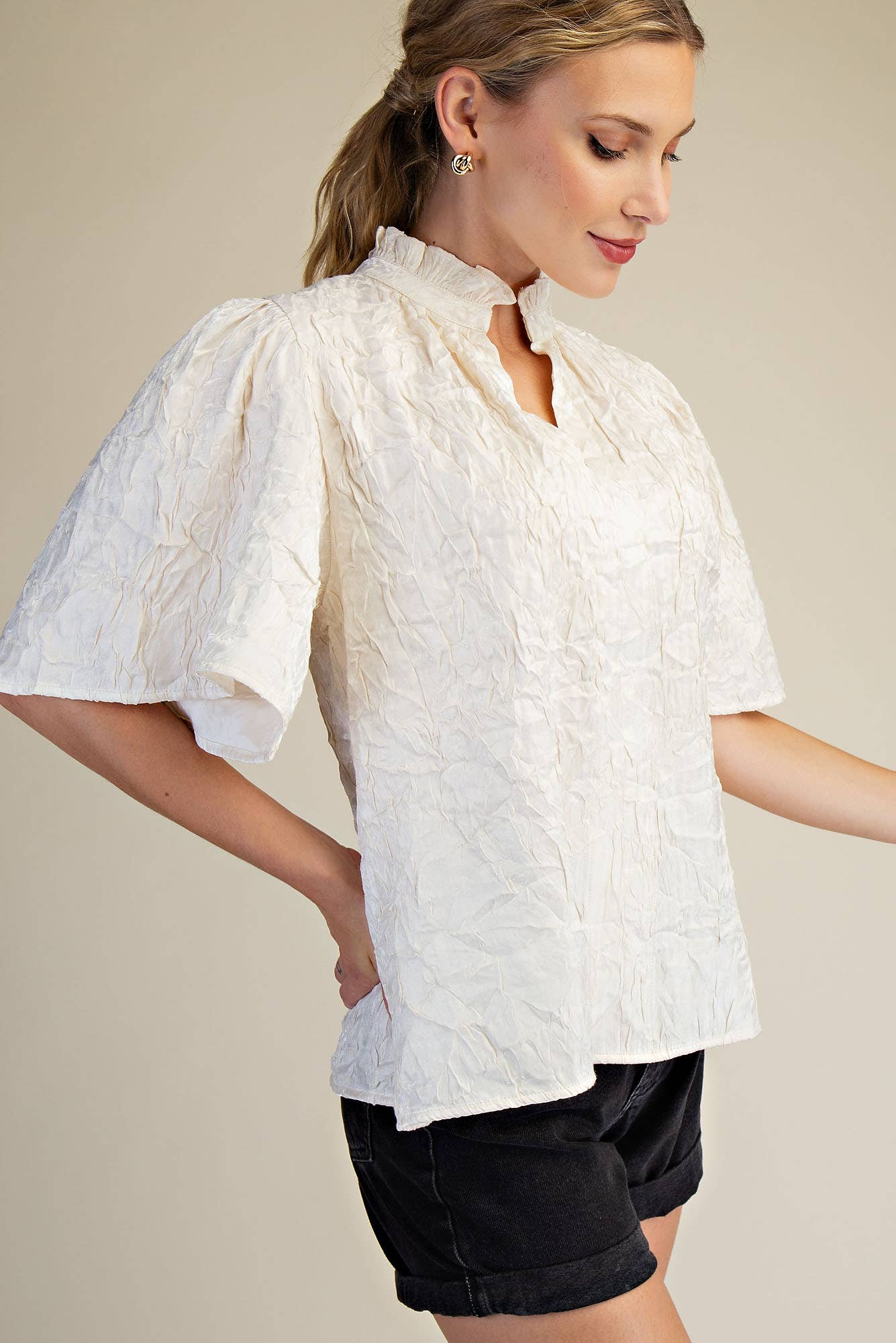 V-Neckline Short Flutter Sleeves Top: Brown / S