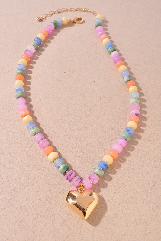 Heart Shaped Metal Charm W/ Resin Beaded Necklace