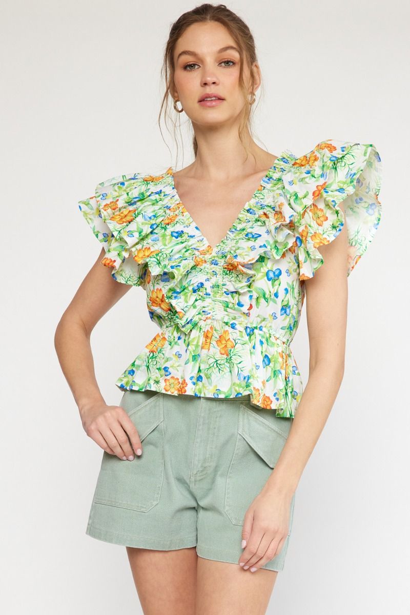 V-Neck Ruffled Sleeve Floral Top