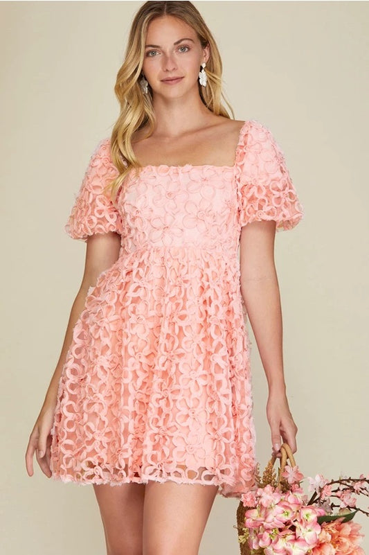 Half Puff Sleeve Flower Mesh Dress