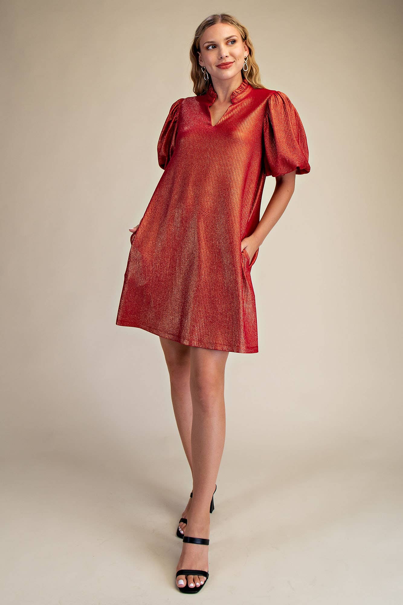 Ruffle V-Neck Puff Sleeve Mini Dress: Burgundy / S