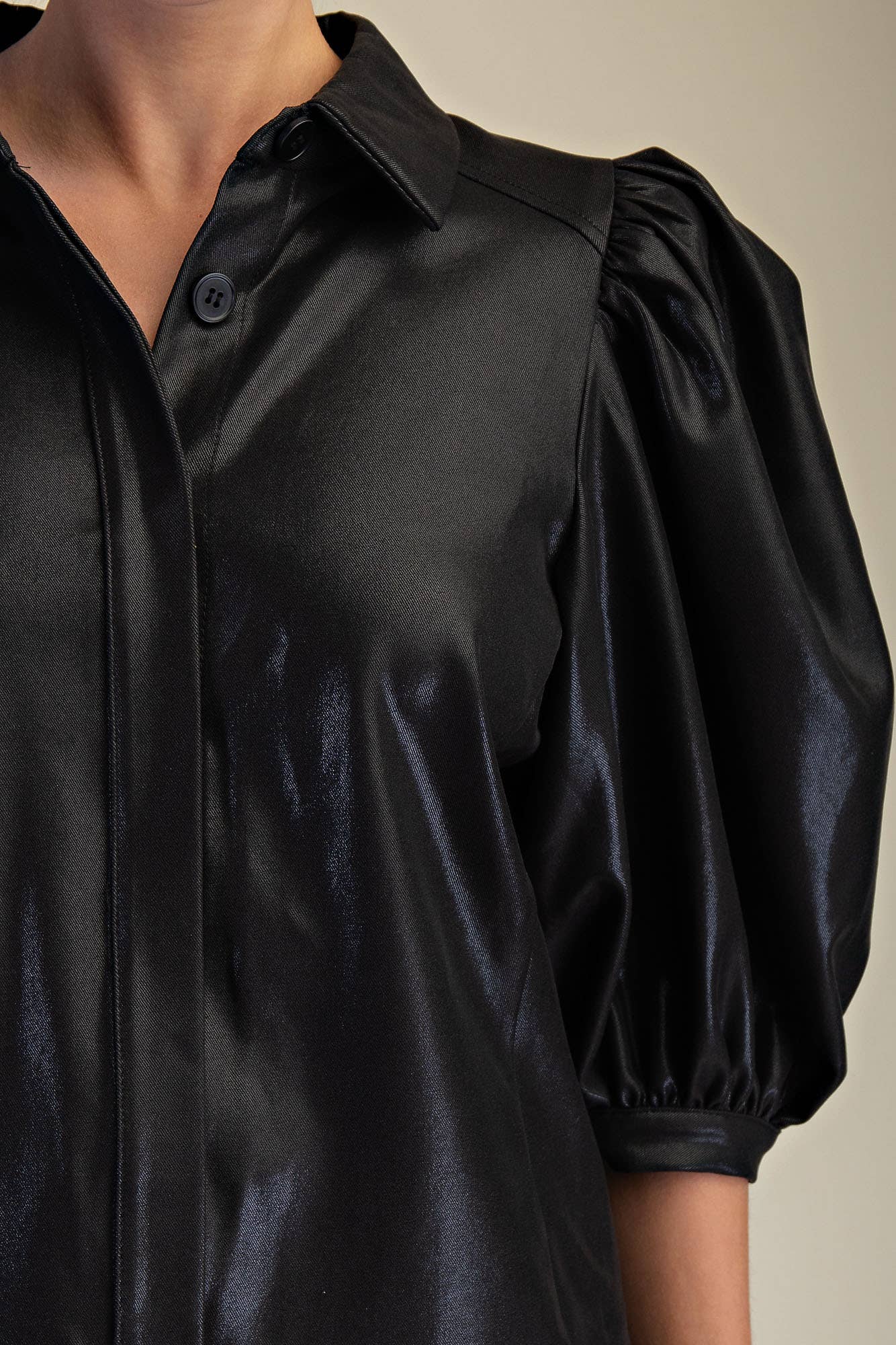 Collar Neck Puff Sleeve Button Down Shirt: Brown / S