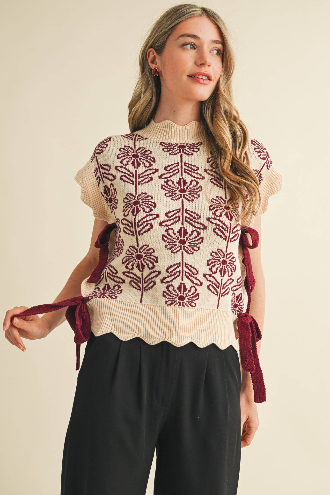 MOCK NECK FLORAL SWEATER VEST MSW10743: CARAMELIZED / S