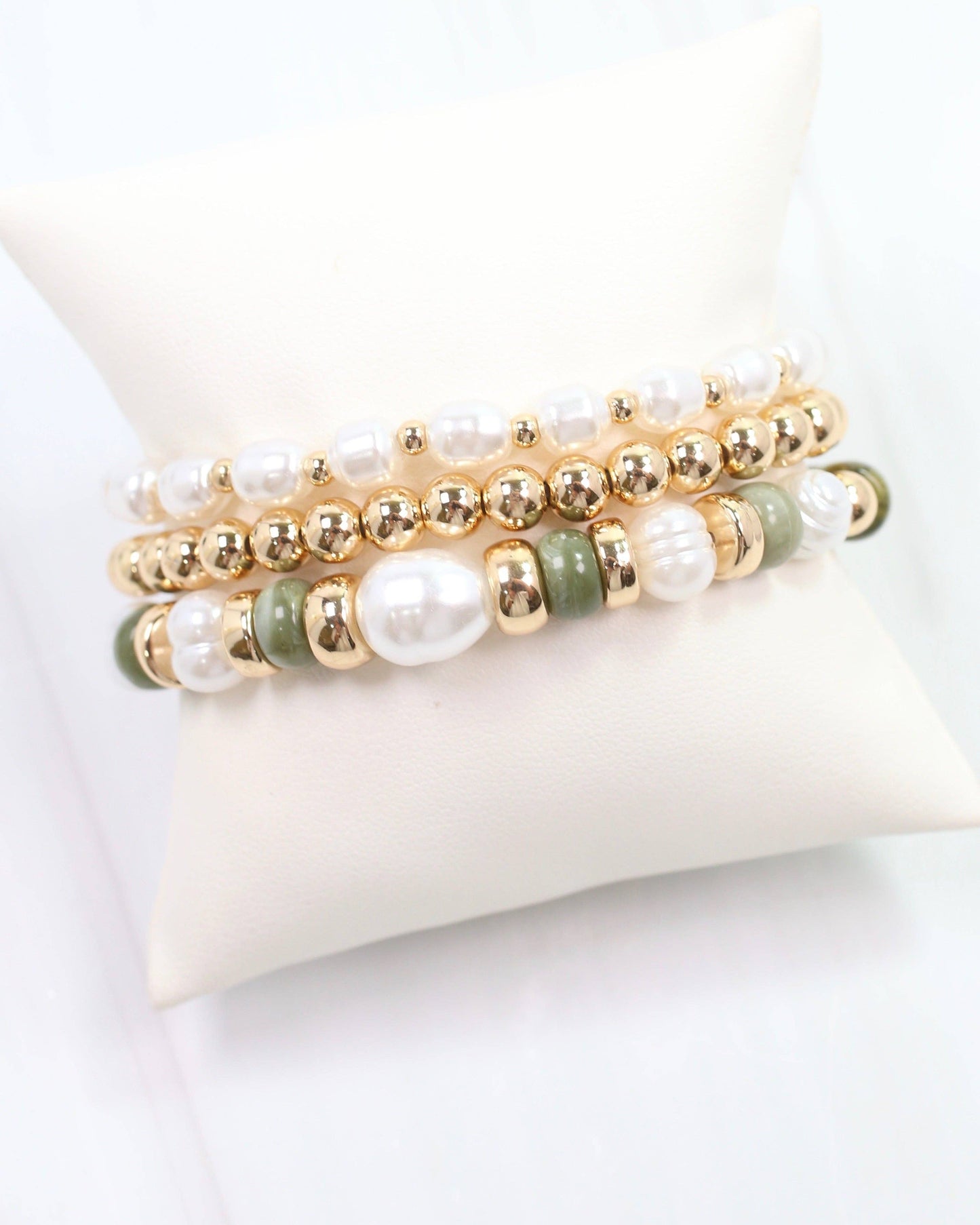 Bowie Bead and Pearl Stretch Bracelet Set Olive: Default