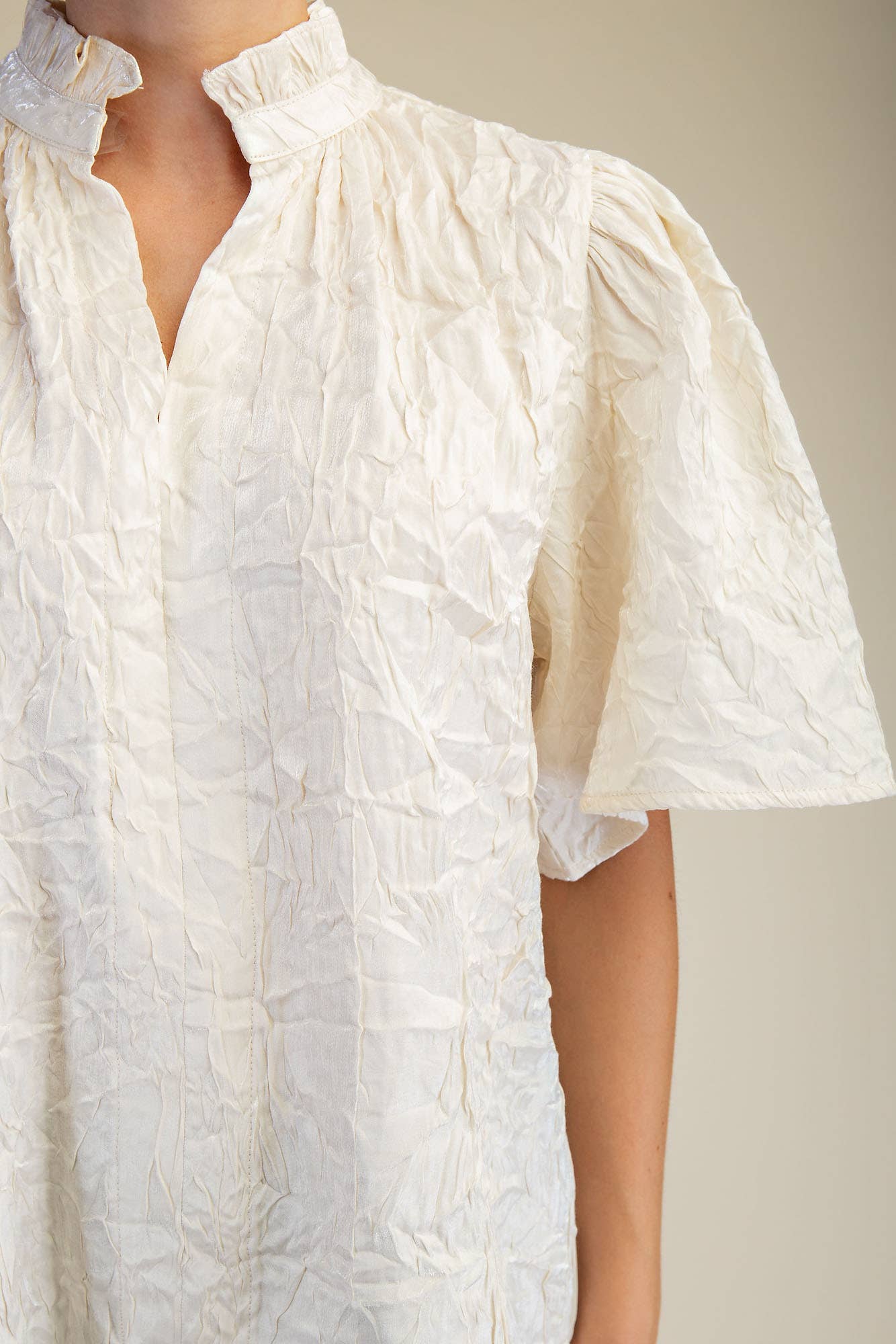 V-Neckline Short Flutter Sleeves Top: Brown / S