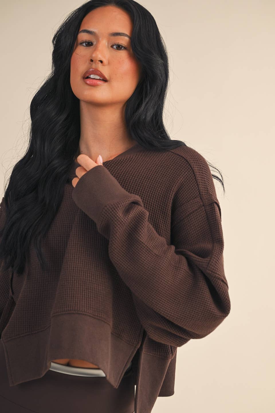 Waffle Knit Oversized Long Sleeve Top: Dark Chocolate / S