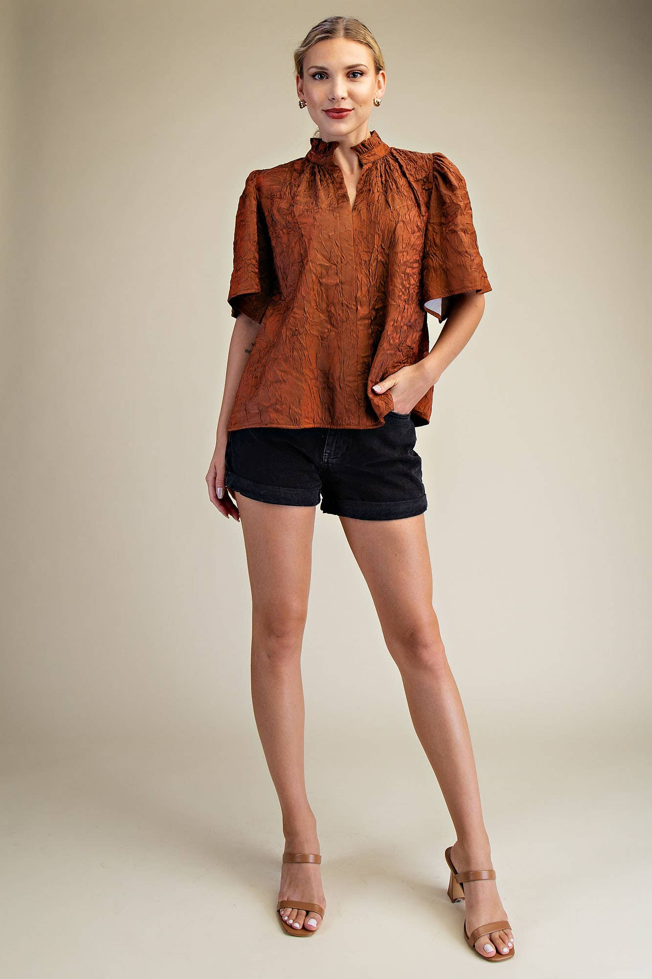 V-Neckline Short Flutter Sleeves Top: Brown / S