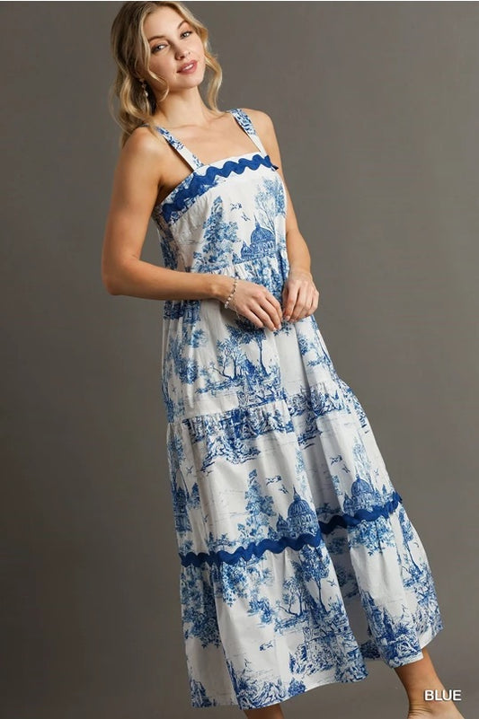 Two Tone Landscape Print Tiered Dress