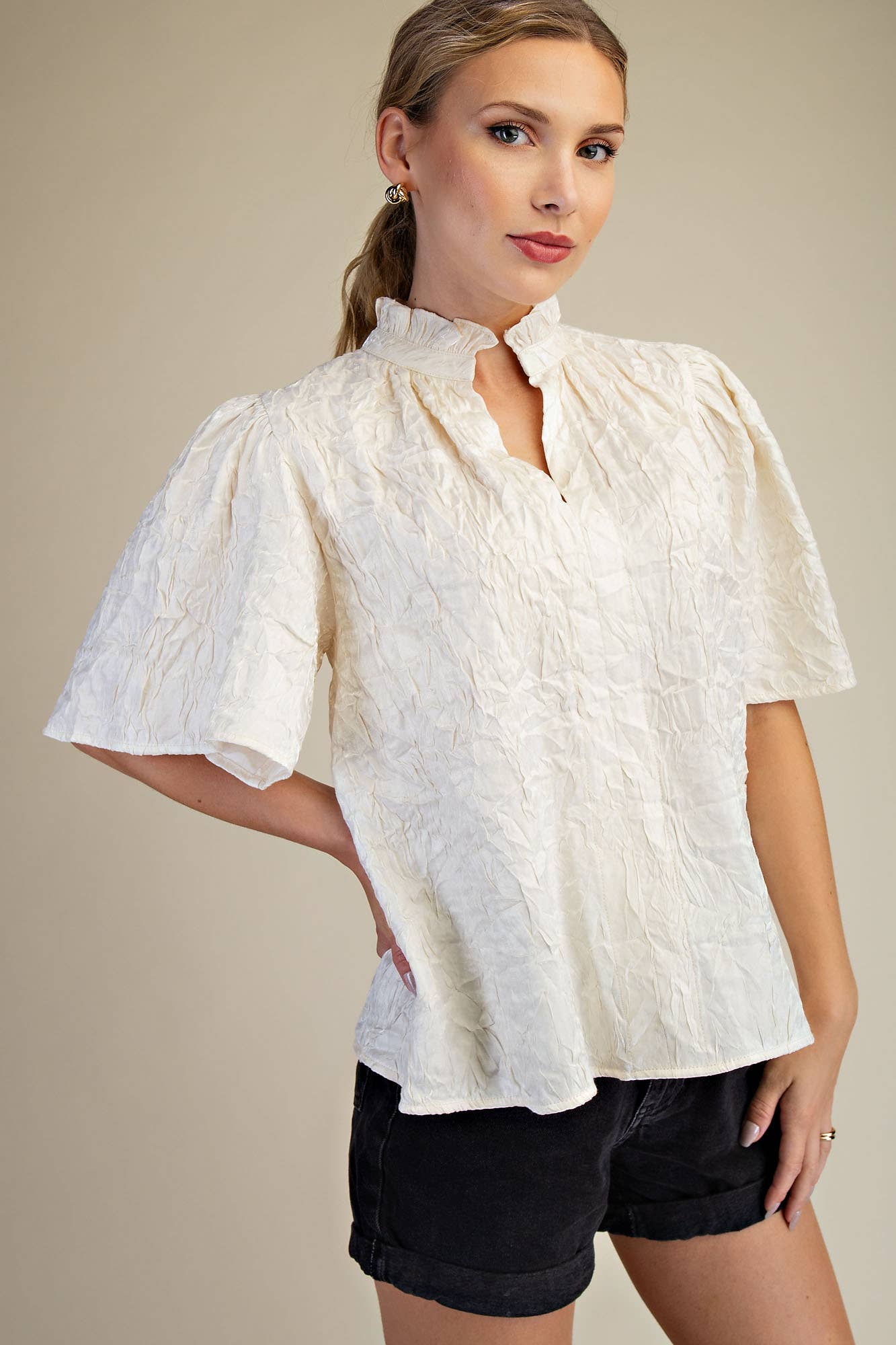 V-Neckline Short Flutter Sleeves Top: Brown / S