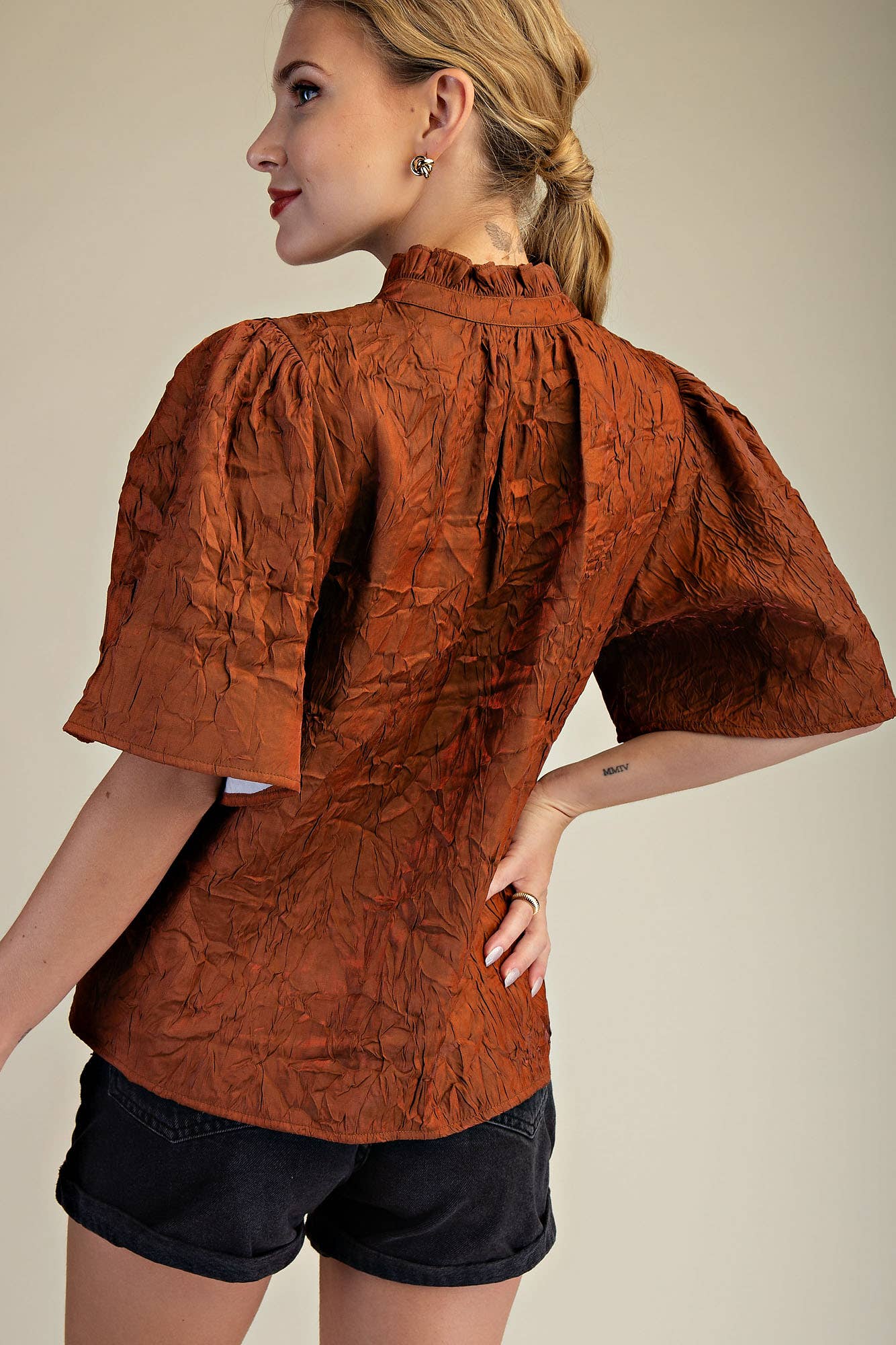 V-Neckline Short Flutter Sleeves Top: Brown / S
