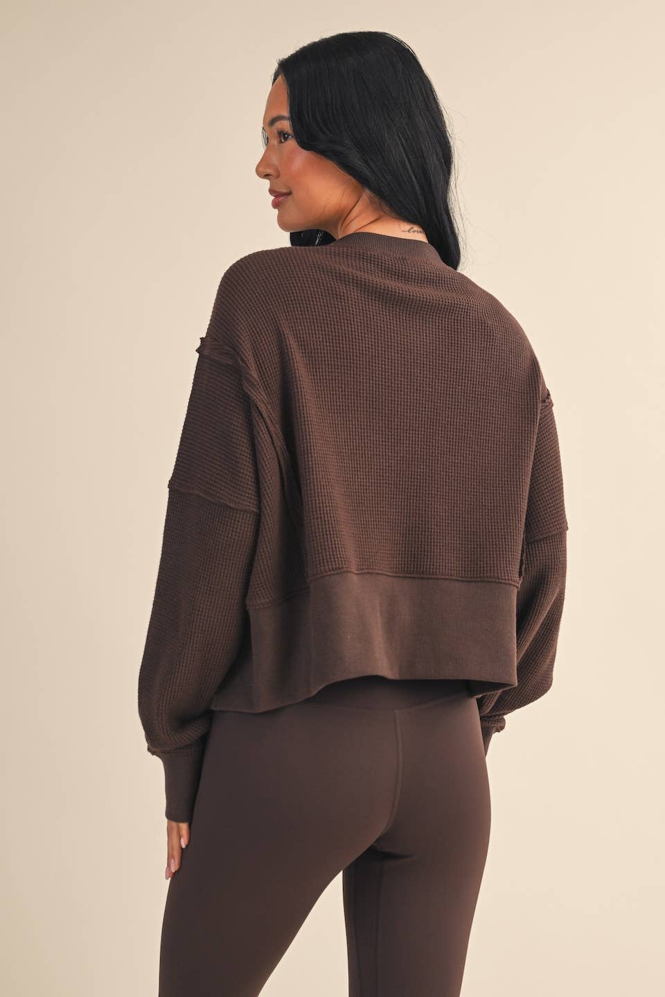 Waffle Knit Oversized Long Sleeve Top: Dark Chocolate / S