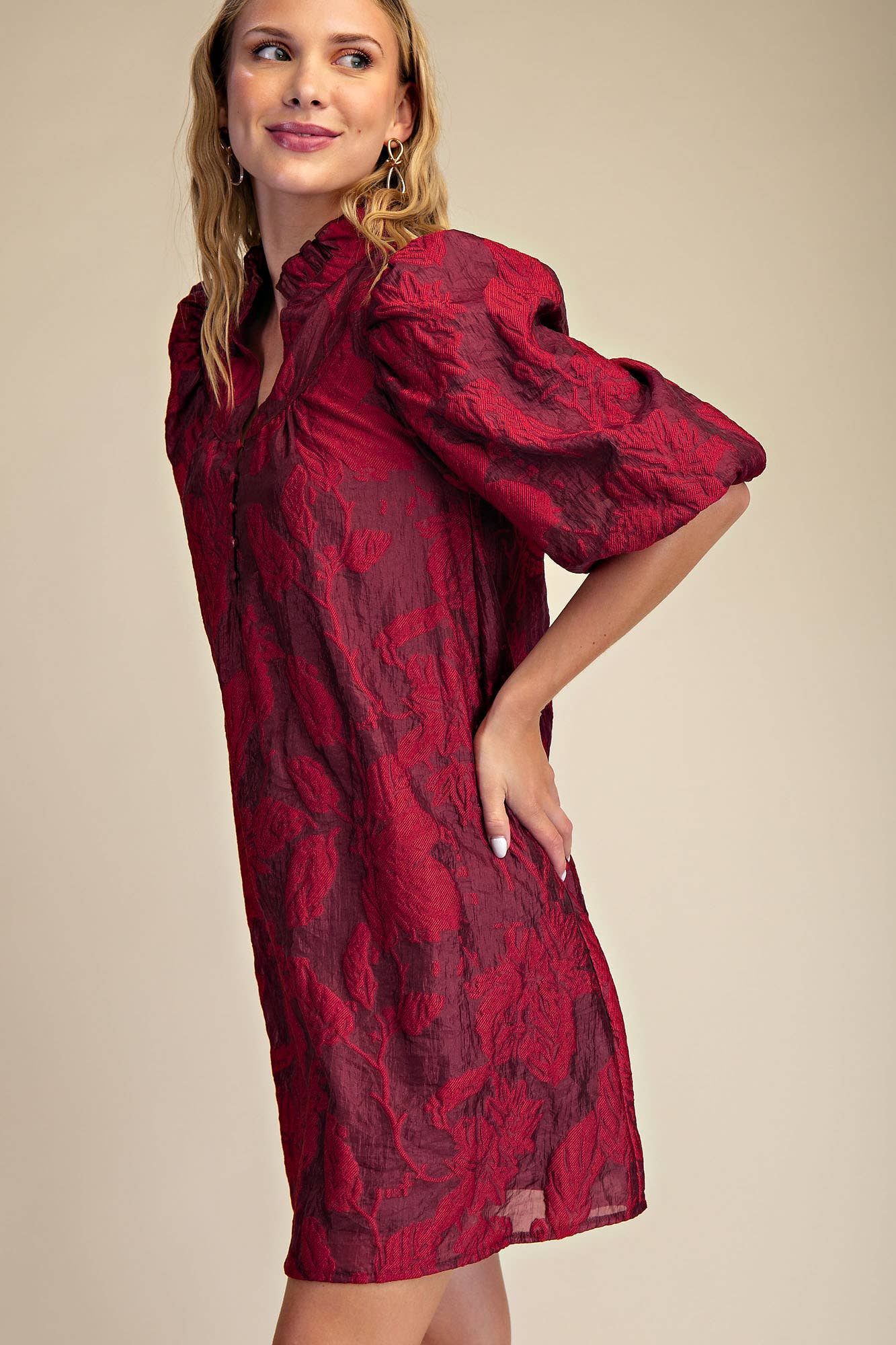 Ruffled Neck with Volume Sleeve Dress: Green / S