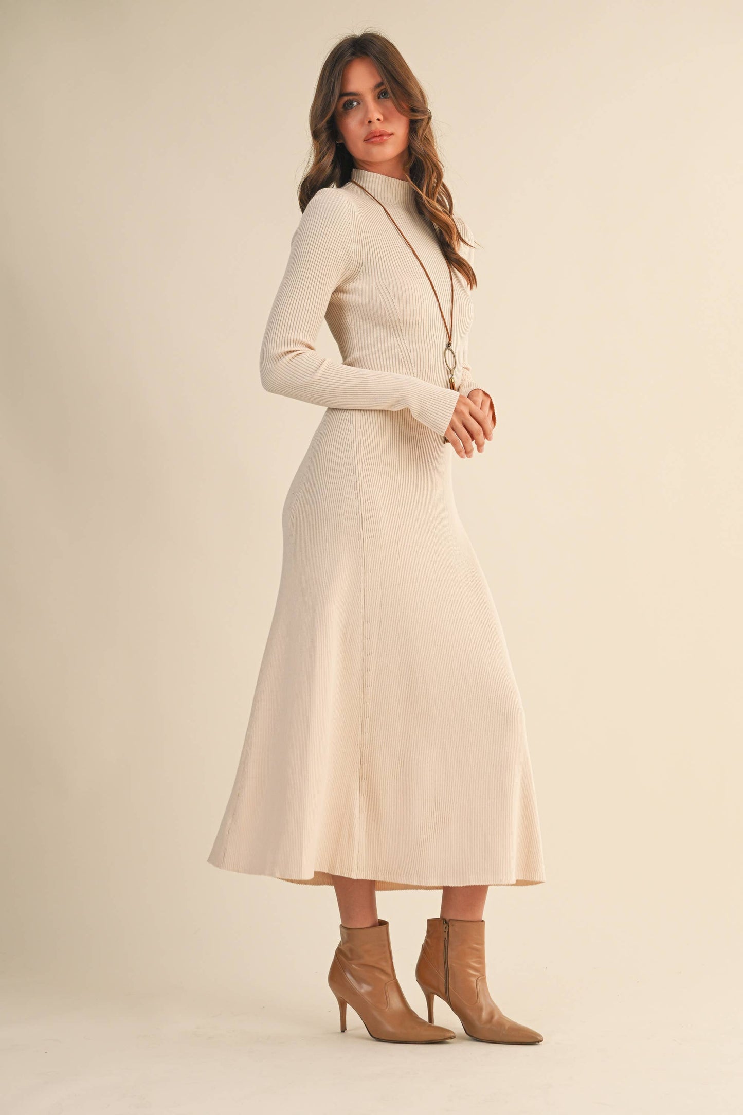 ID9660 MOCK NECK LONG SLEEVE RIB KNIT FLARED MIDI DRESS: DK CHOCOLATE / S