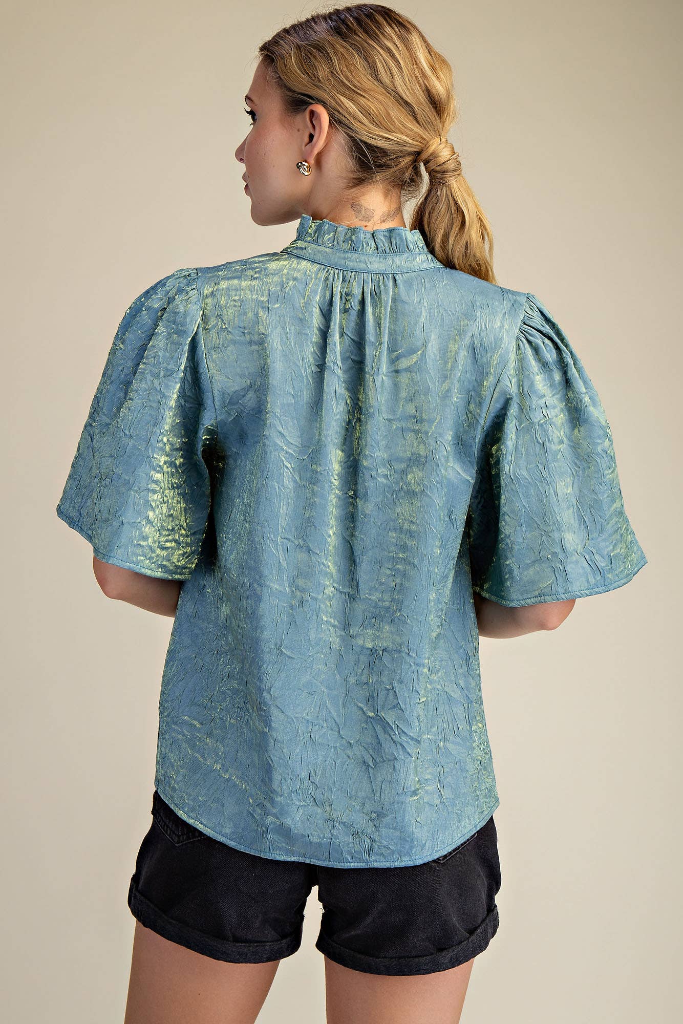 V-Neckline Short Flutter Sleeves Top: Brown / S