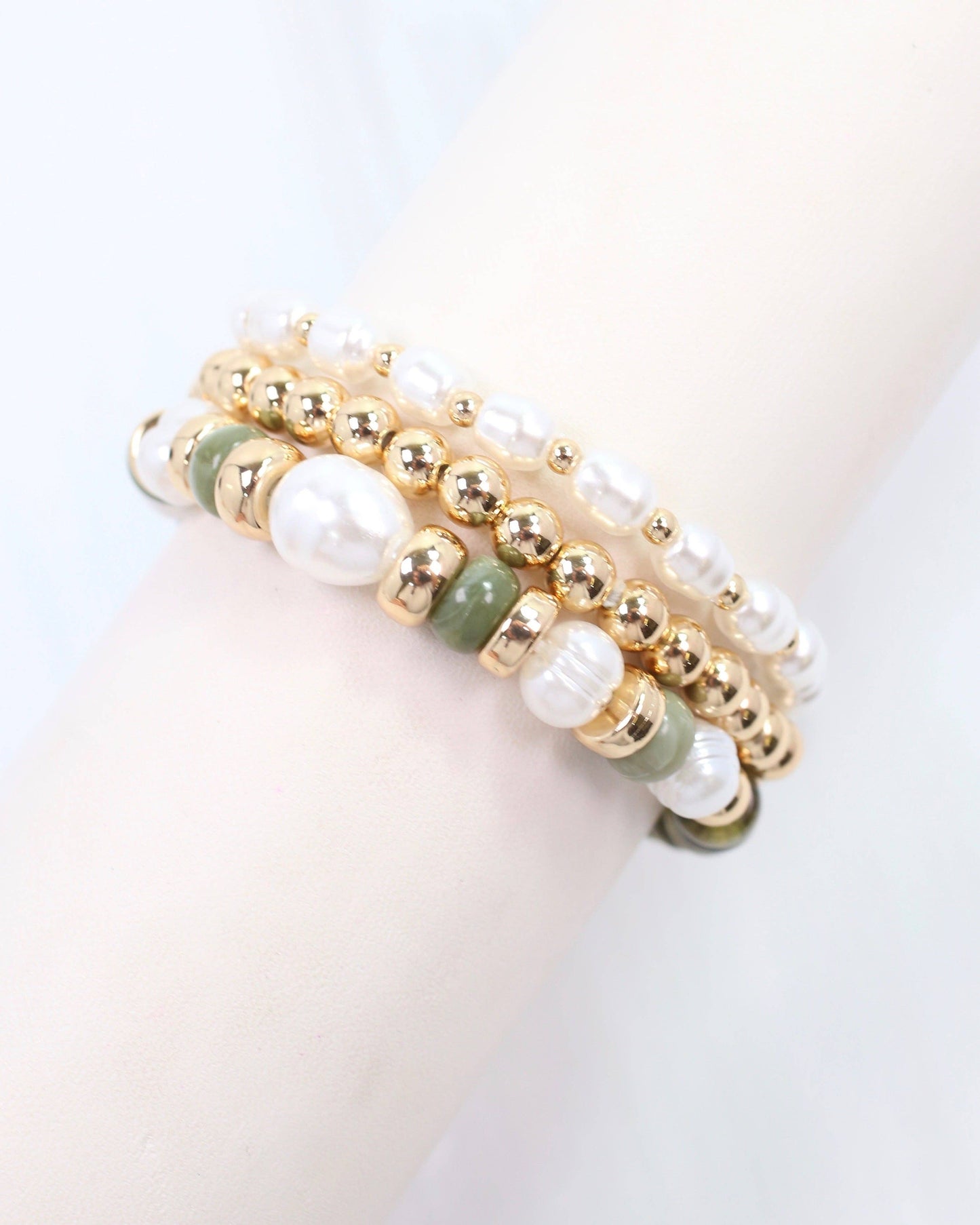 Bowie Bead and Pearl Stretch Bracelet Set Olive: Default
