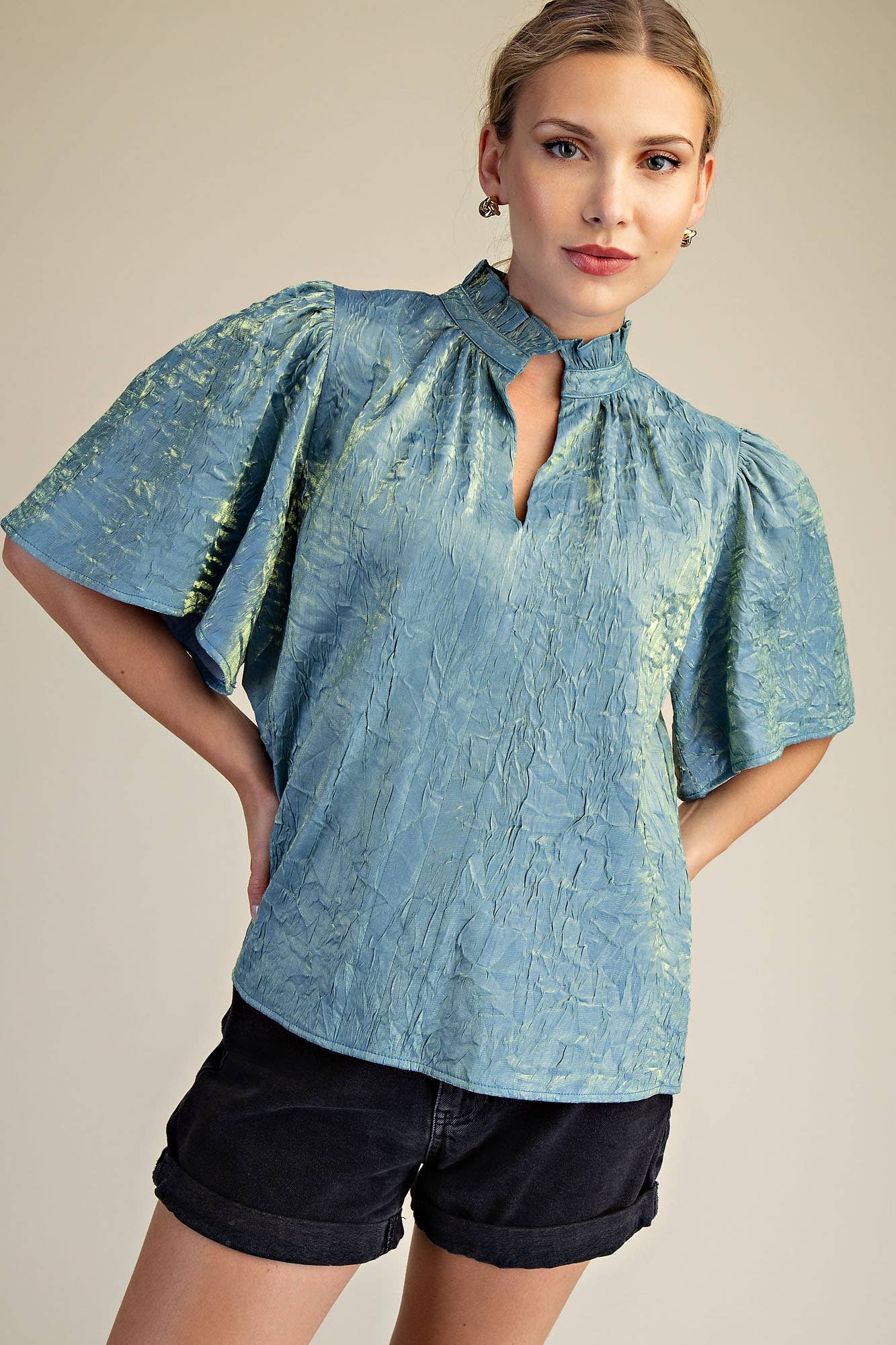 V-Neckline Short Flutter Sleeves Top: Brown / S