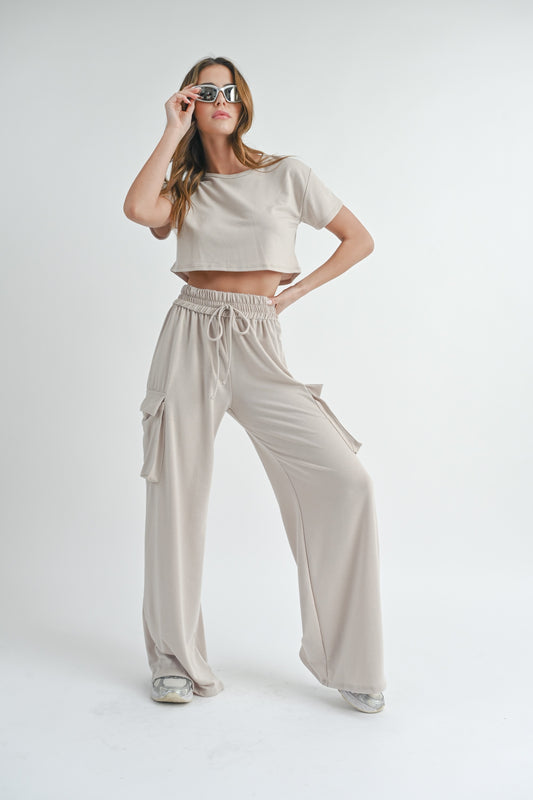 Khaki Comfy Crop Tee and Pant Set