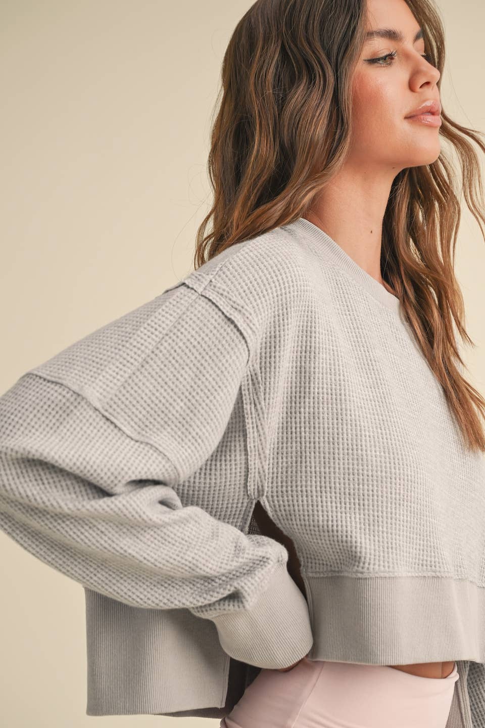 Waffle Knit Oversized Long Sleeve Top: Dark Chocolate / S