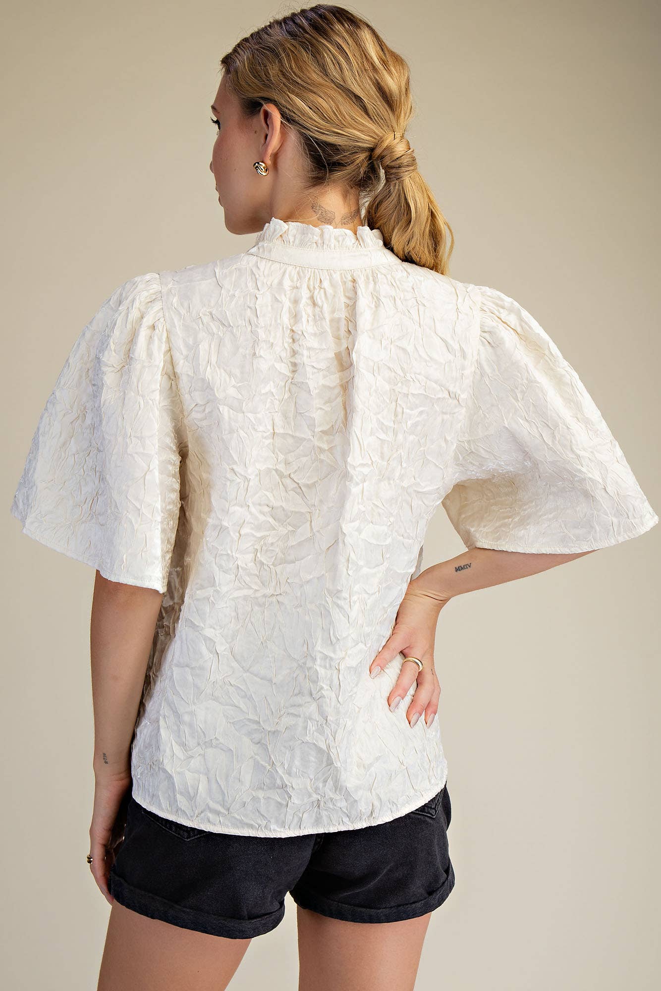 V-Neckline Short Flutter Sleeves Top: Brown / S