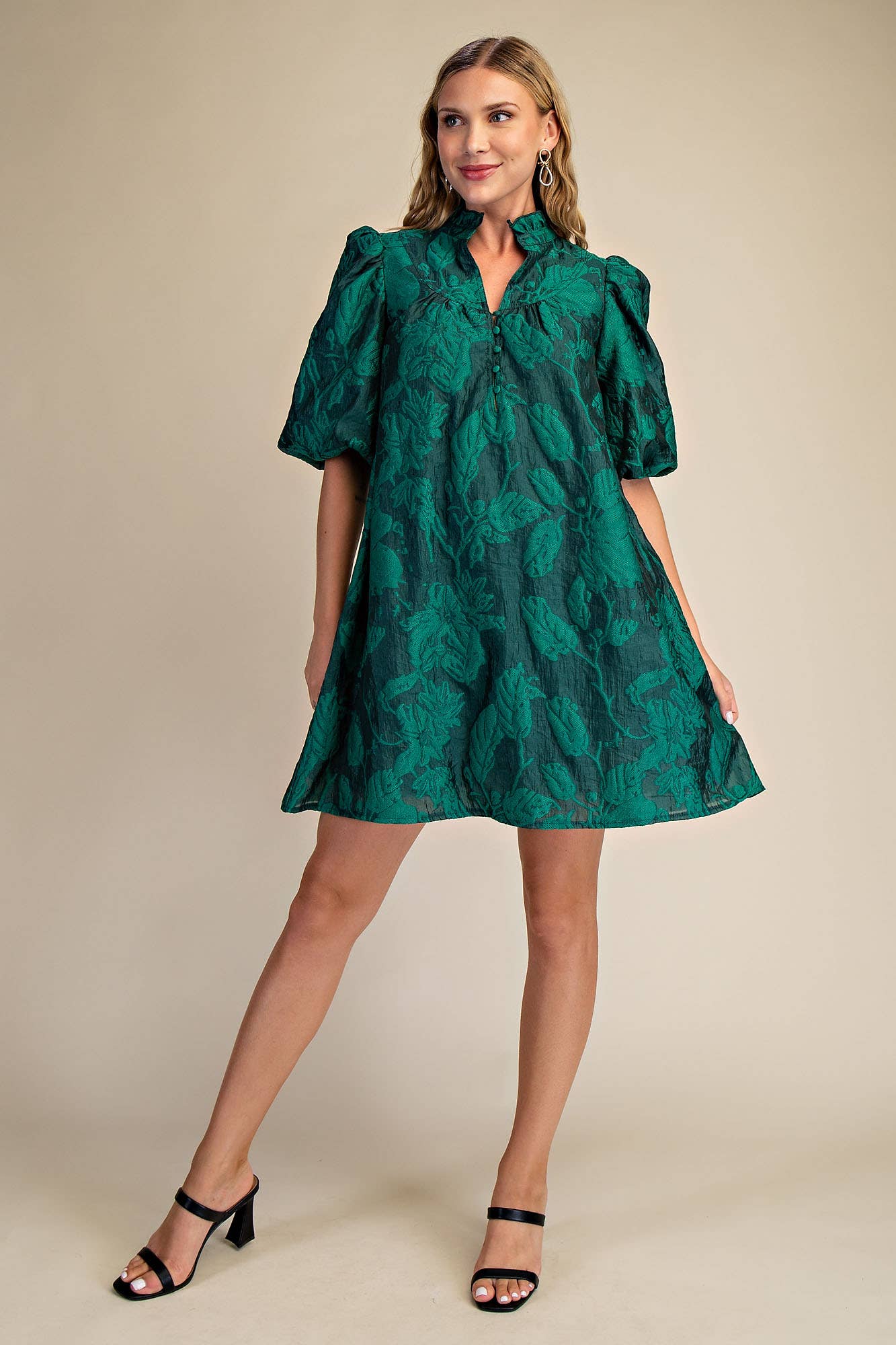 Ruffled Neck with Volume Sleeve Dress: Green / S