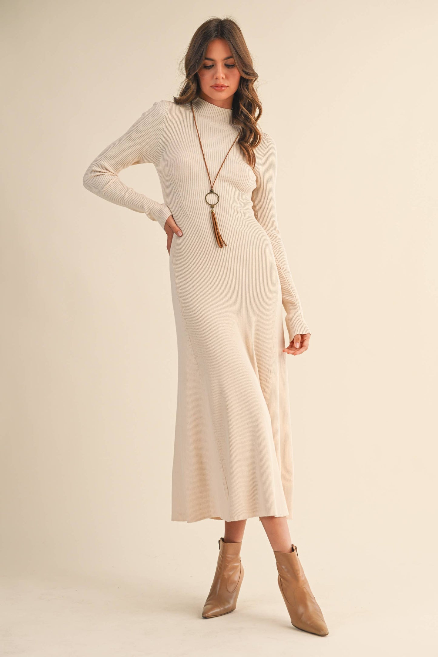 ID9660 MOCK NECK LONG SLEEVE RIB KNIT FLARED MIDI DRESS: DK CHOCOLATE / S