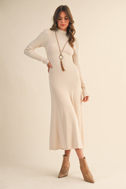 ID9660 MOCK NECK LONG SLEEVE RIB KNIT FLARED MIDI DRESS: DK CHOCOLATE / S
