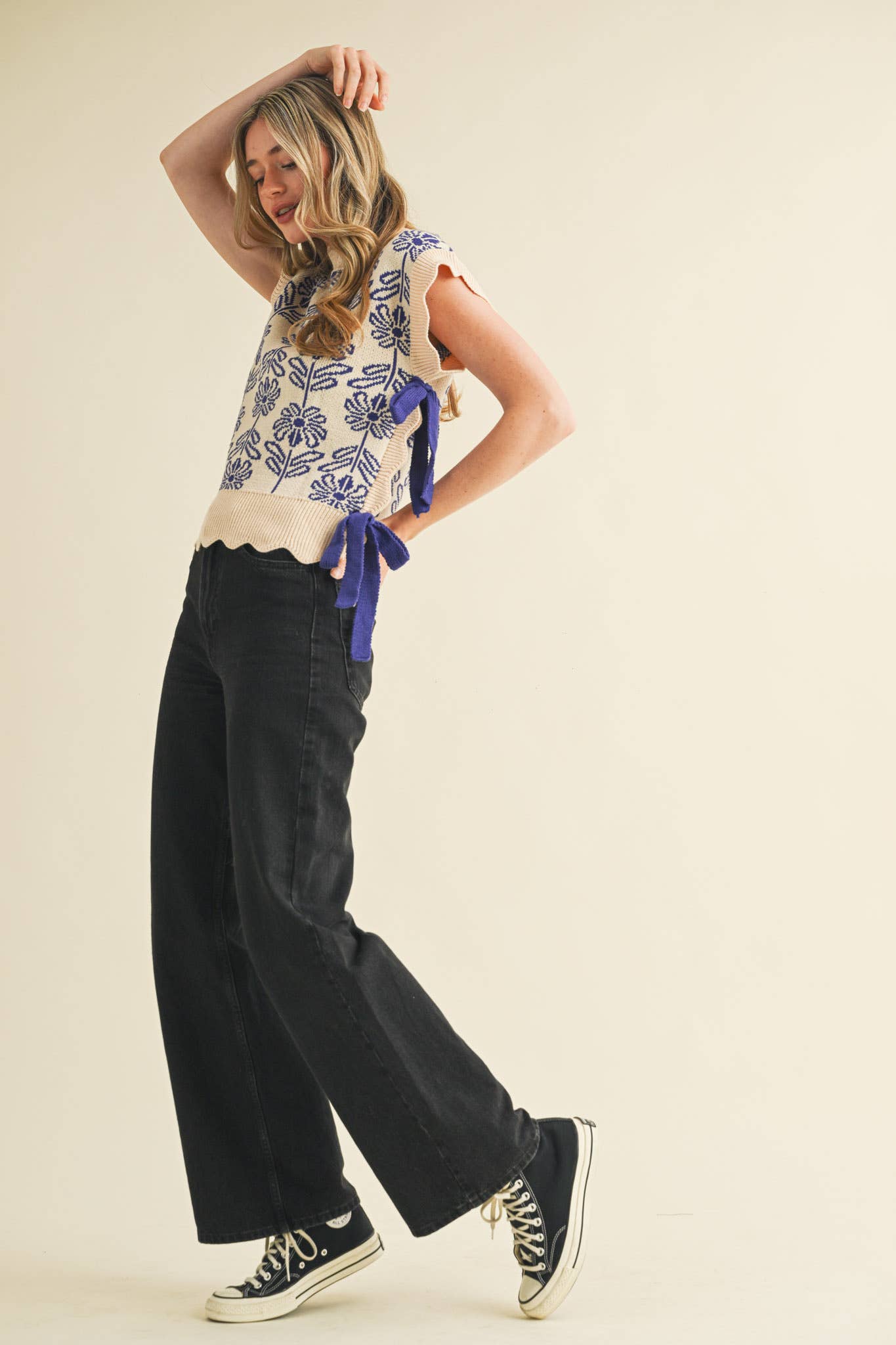 MOCK NECK FLORAL SWEATER VEST MSW10743: CARAMELIZED / S