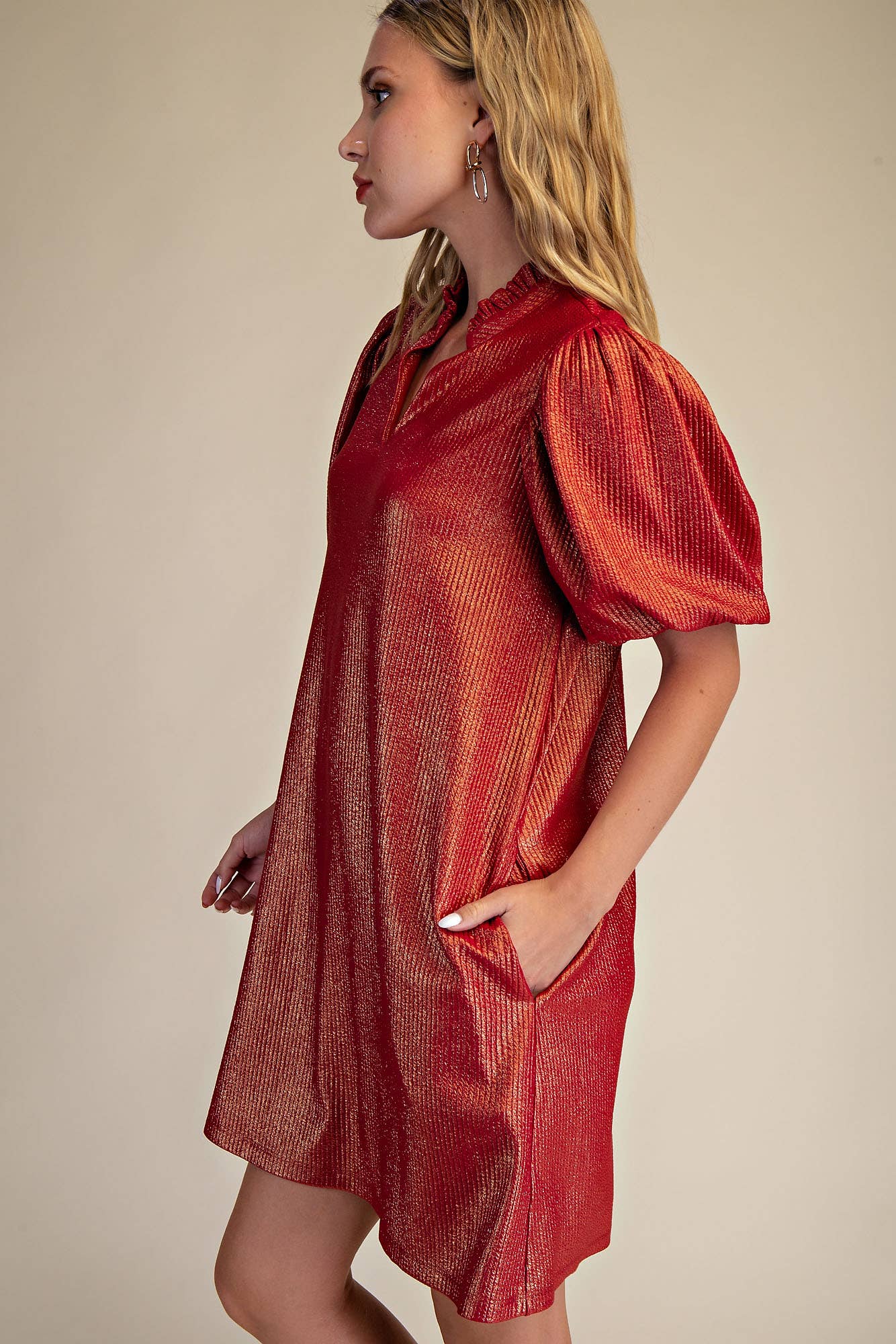 Ruffle V-Neck Puff Sleeve Mini Dress: Burgundy / S