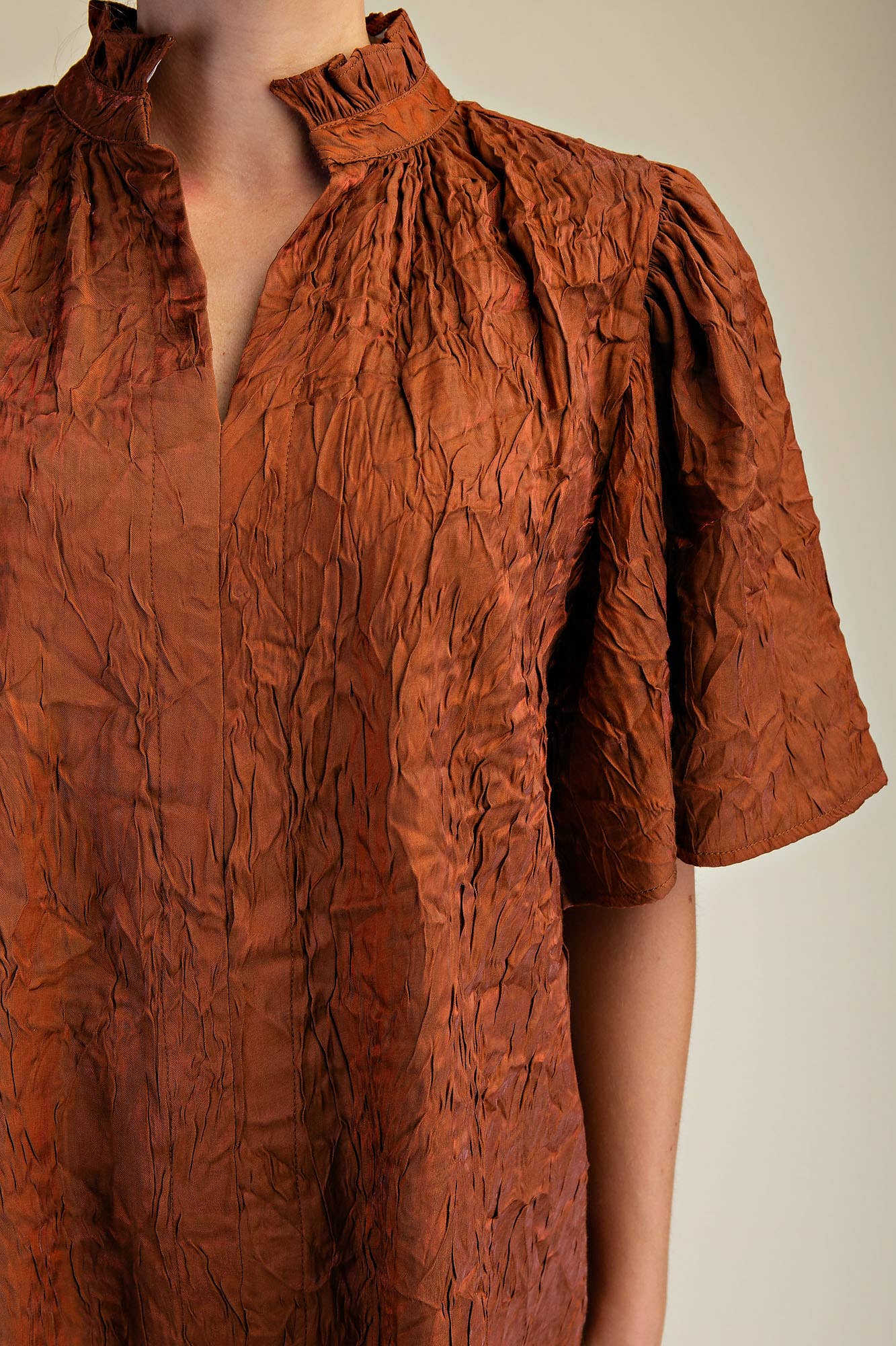 V-Neckline Short Flutter Sleeves Top: Brown / S