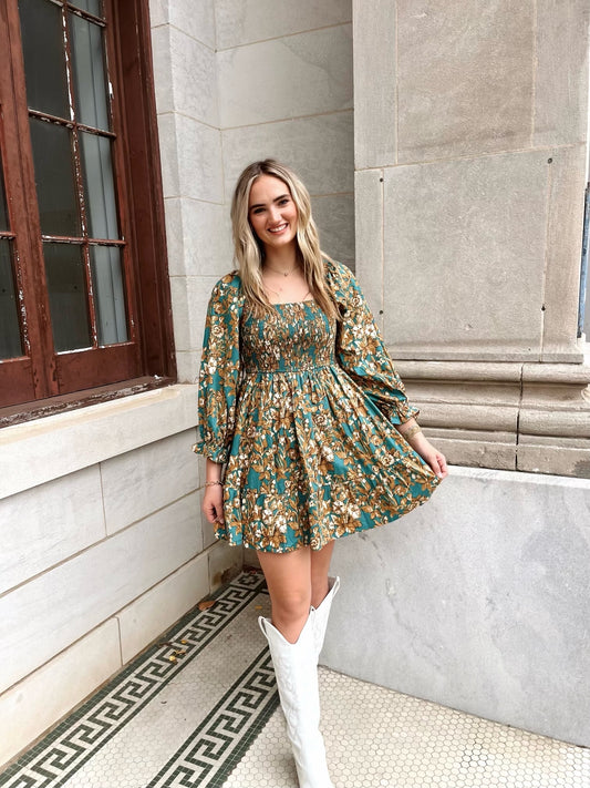 Emerald Floral Print Mini Dress