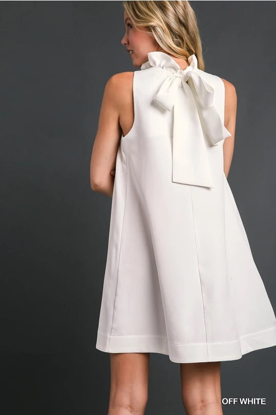 Ruffle Neck Sleeveless Dress With Back Bow Tie