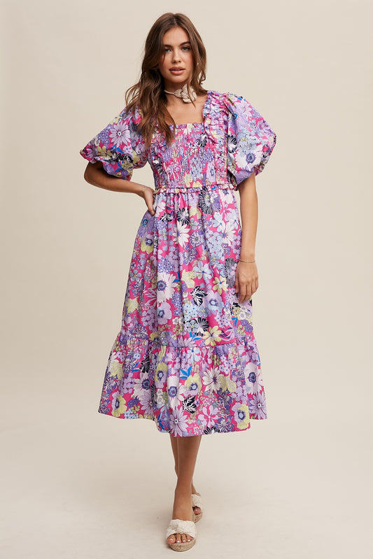 Romantic Flower Printed Ruffle Midi Dress