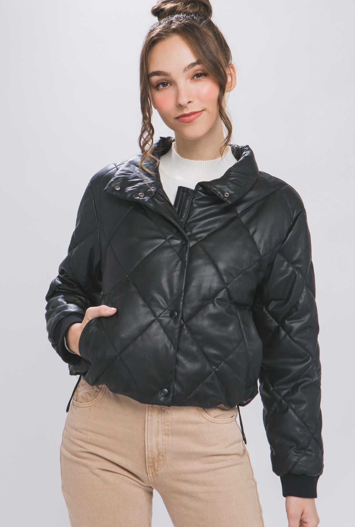 Faux Leather Diamond Pattern Puffer Jacket