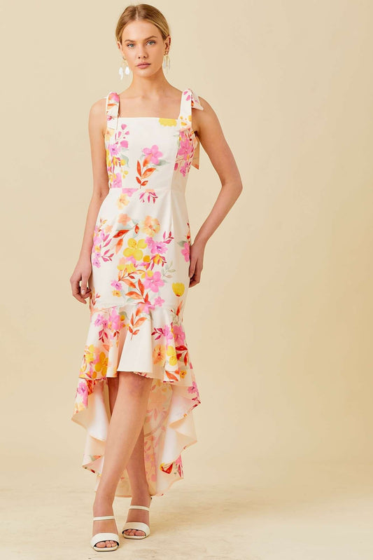 Floral Printed High-Low Ruffled Dress with Shoulder Tie