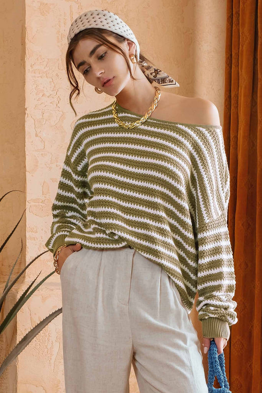 Relaxed Stripe Knit Pullover Sweater-Olive