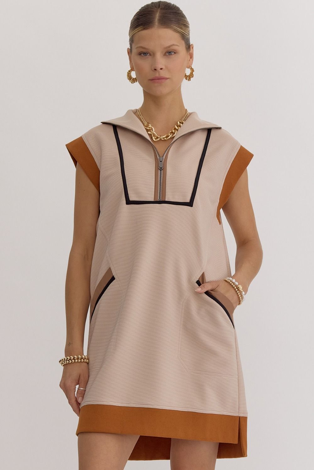 Textured solid zip up cap sleeve mini dress-Taupe