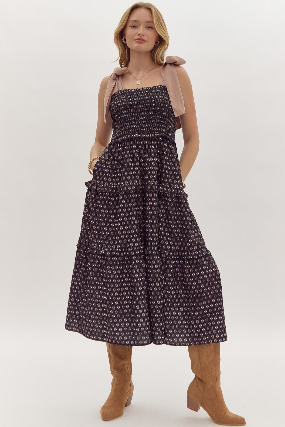 Floral print square neck tie strap midi dress